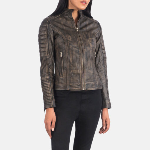 Adalyn Quilted Distressed Brown Leather Biker Jacket - Image 6
