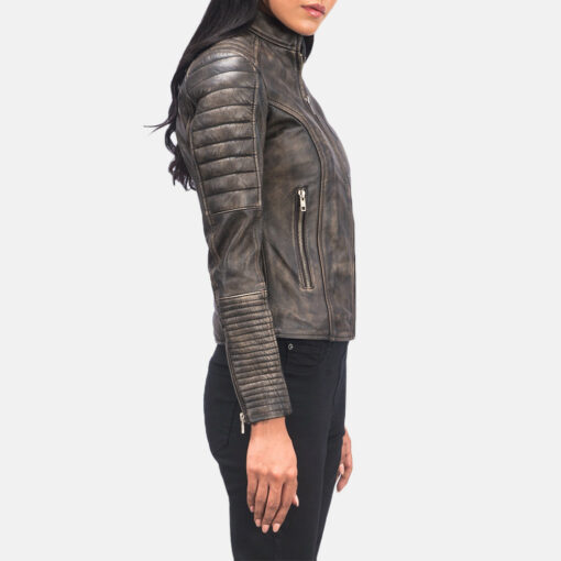 Adalyn Quilted Distressed Brown Leather Biker Jacket - Image 2