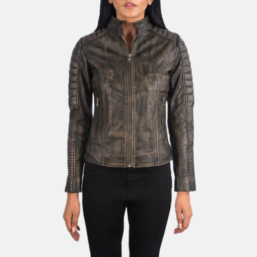 Adalyn Quilted Distressed Brown Leather Biker Jacket - Image 4