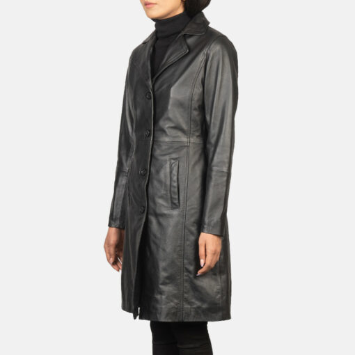 Alexis Black Single Breasted Leather Coat - Image 3