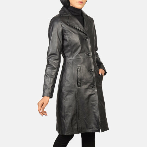 Alexis Black Single Breasted Leather Coat - Image 4