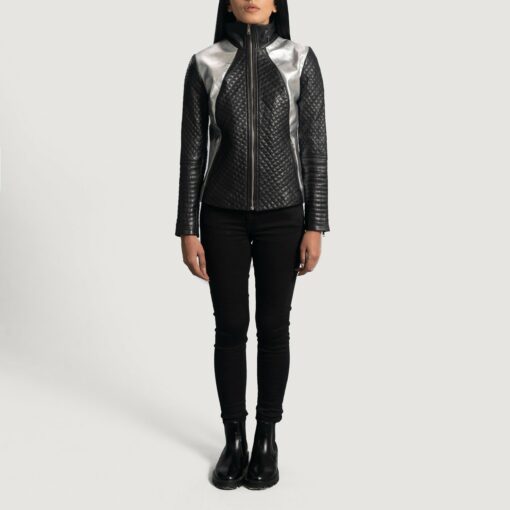 Alia Metallic Black Leather Biker Jacket - Image 4