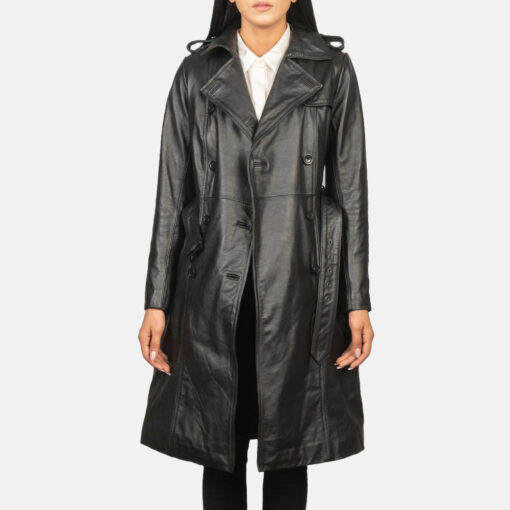 Alice Black Double Breasted Leather Coat - Image 3