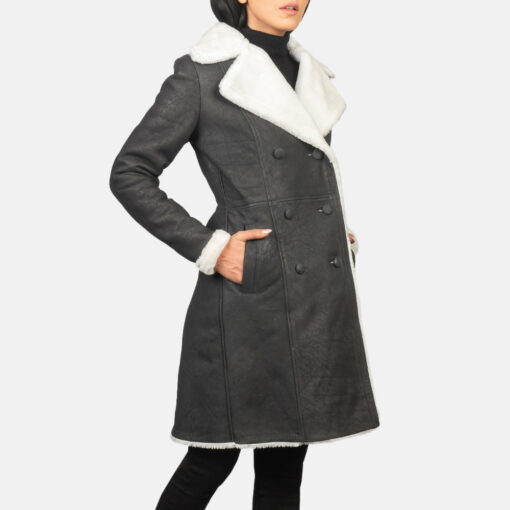 Amie Black Double Breasted Shearling Coat - Image 3