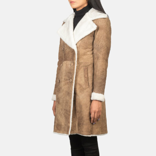 Amie Distressed Brown Double Breasted Shearling Coat - Image 4
