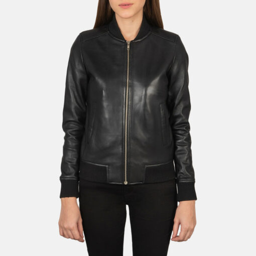 Bliss Black Leather Bomber Jacket - Image 4