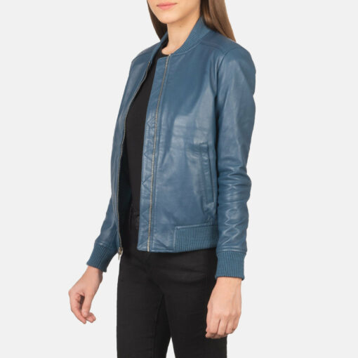 Bliss Blue Leather Bomber Jacket - Image 2