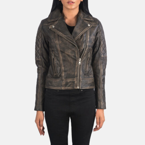 Carolyn Quilted Distressed Brown Biker Jacket - Image 4