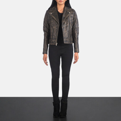 Carolyn Quilted Distressed Brown Biker Jacket - Image 3