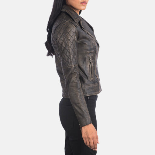 Carolyn Quilted Distressed Brown Biker Jacket - Image 2