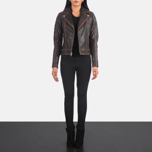 Carolyn Quilted Vintage Brown Biker Jacket - Image 3