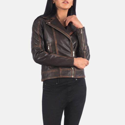 Carolyn Quilted Vintage Brown Biker Jacket - Image 4