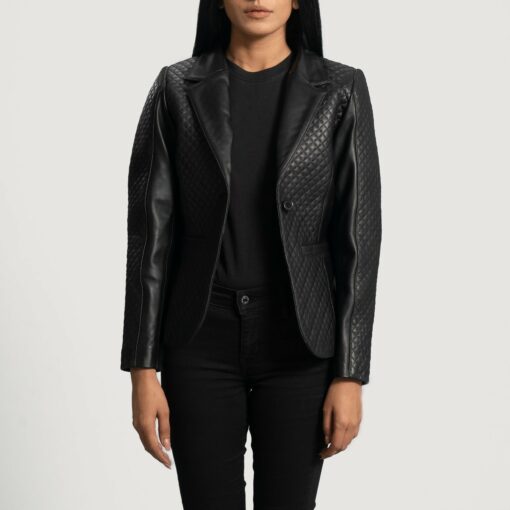 Cora Quilted Black Leather Blazer - Image 2
