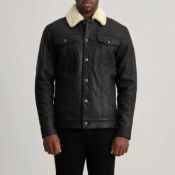 Dallis Distressed Black Leather Shearling Trucker Jacket