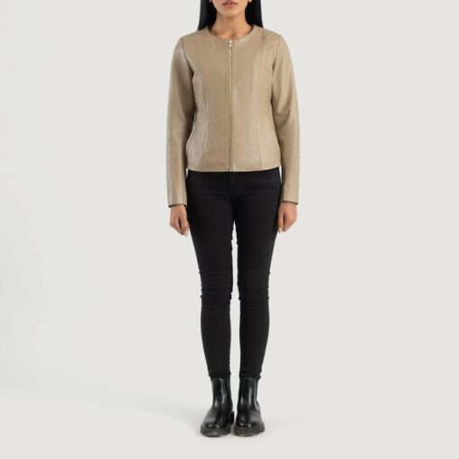 Elixir Beige Collarless Leather Jacket - Image 3