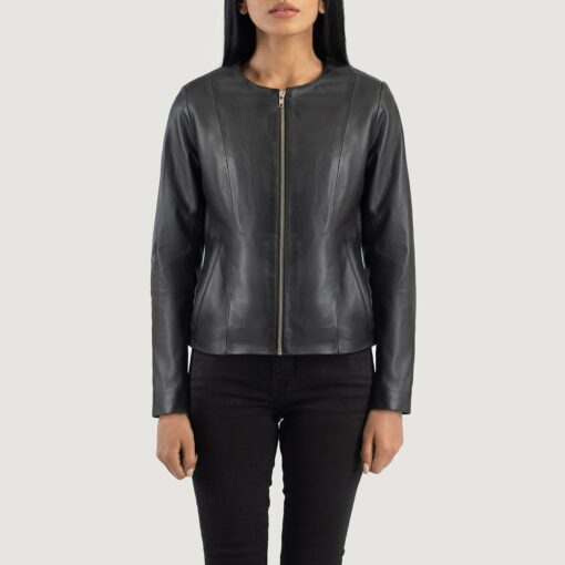 Elixir Black Collarless Leather Jacket - Image 4