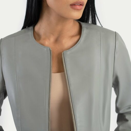 Elixir Grey Collarless Leather Jacket - Image 5