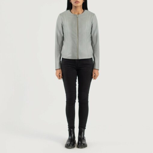 Elixir Grey Collarless Leather Jacket - Image 4