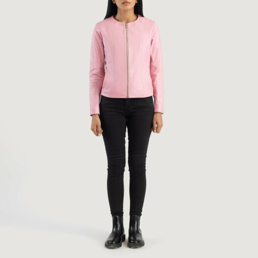 Elixir Pink Collarless Leather Jacket - Image 3