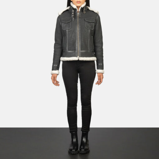 Fiona Black Hooded Shearling Leather Jacket - Image 3