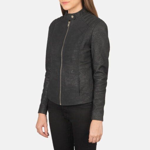 Kelsee Distressed Black Leather Biker Jacket - Image 2