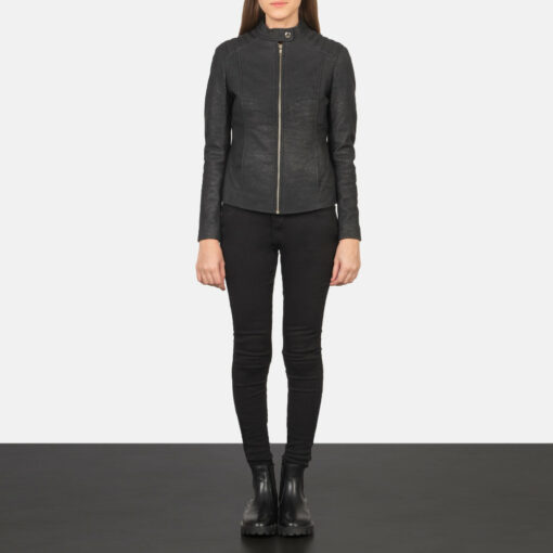 Kelsee Distressed Black Leather Biker Jacket - Image 3