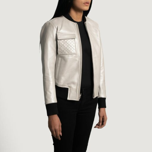 Lana Silver Leather Bomber Jacket - Image 3