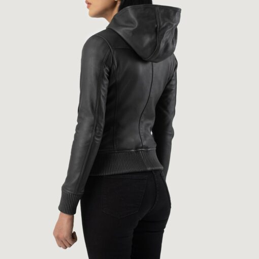 Luna Black Hooded Leather Bomber Jacket - Image 5