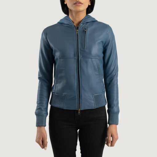 Luna Blue Hooded Leather Bomber Jacket - Image 4