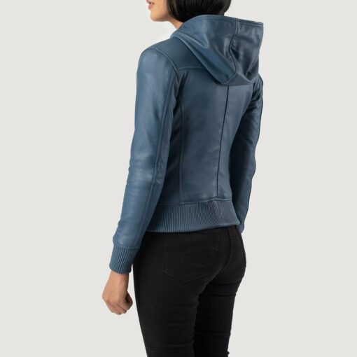 Luna Blue Hooded Leather Bomber Jacket - Image 5