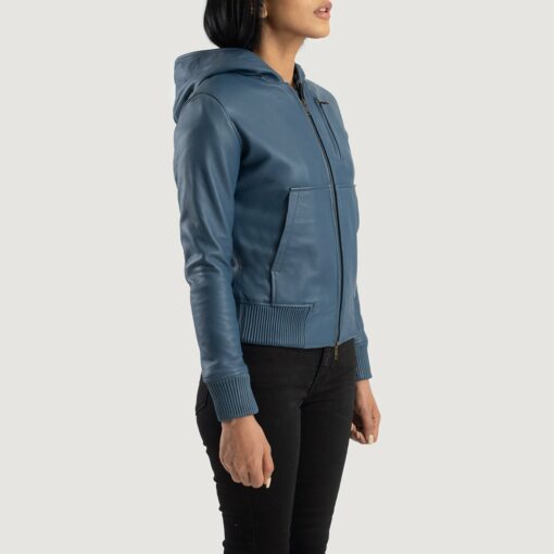 Luna Blue Hooded Leather Bomber Jacket - Image 2