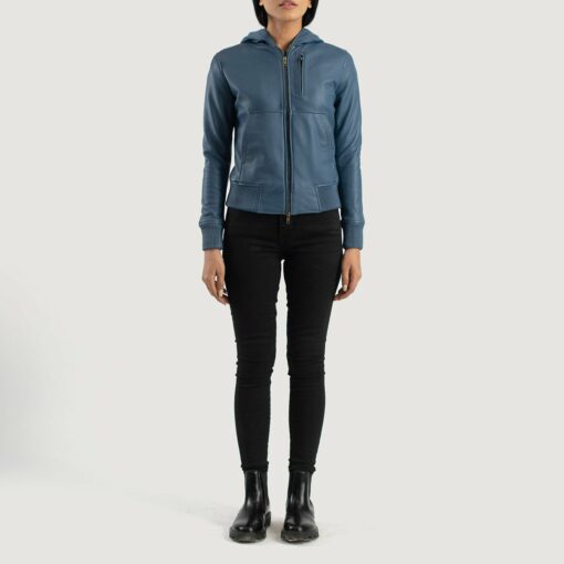 Luna Blue Hooded Leather Bomber Jacket - Image 3