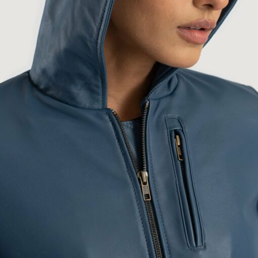Luna Blue Hooded Leather Bomber Jacket - Image 6