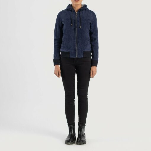 Rebella Blue Hooded Suede Bomber Jacket - Image 3