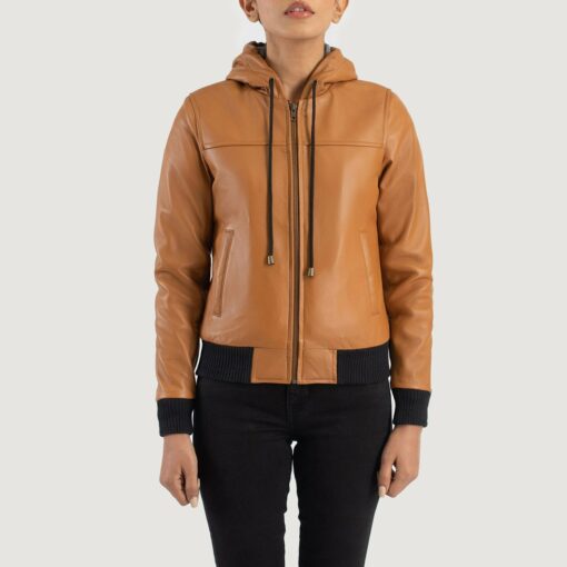 Rebella Brown Hooded Leather Bomber Jacket - Image 4