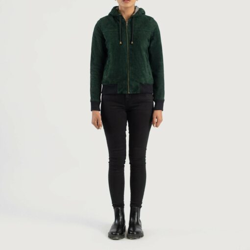 Rebella Green Hooded Suede Bomber Jacket - Image 3