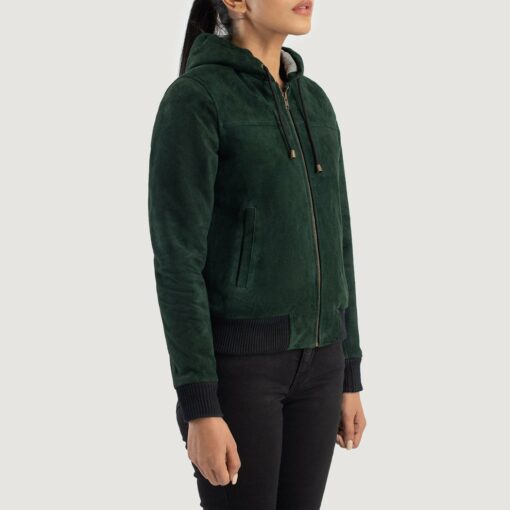 Rebella Green Hooded Suede Bomber Jacket - Image 2