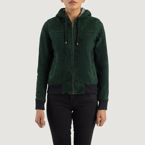 Rebella Green Hooded Suede Bomber Jacket - Image 4