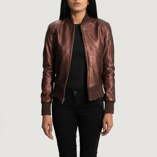 Reida Maroon Leather Bomber Jacket - Image 2