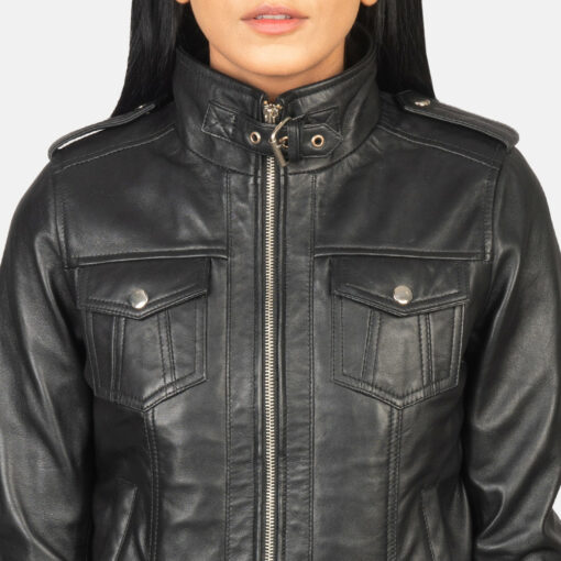 Roslyn Black Hooded Leather Bomber Jacket - Image 6