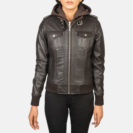 Roslyn Brown Hooded Leather Bomber Jacket - Image 4