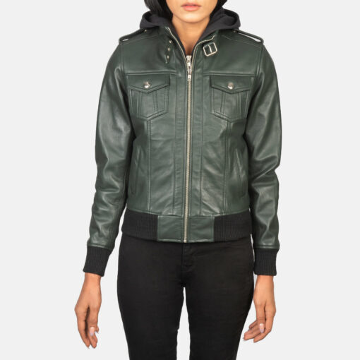 Roslyn Green Hooded Leather Bomber Jacket - Image 4