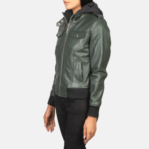 Roslyn Green Hooded Leather Bomber Jacket - Image 2