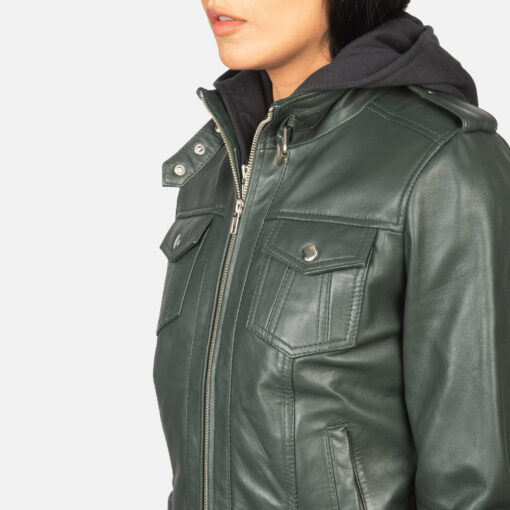 Roslyn Green Hooded Leather Bomber Jacket - Image 6