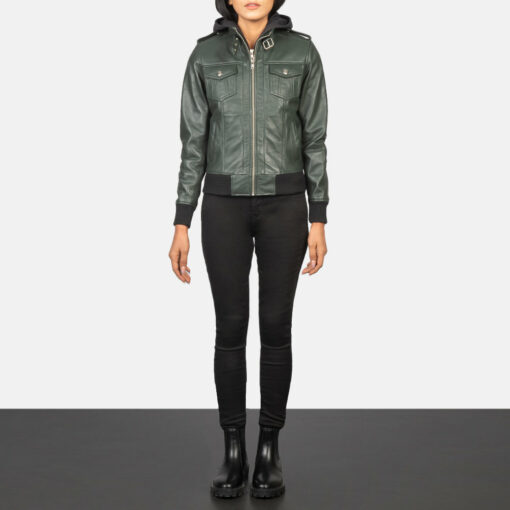 Roslyn Green Hooded Leather Bomber Jacket - Image 3
