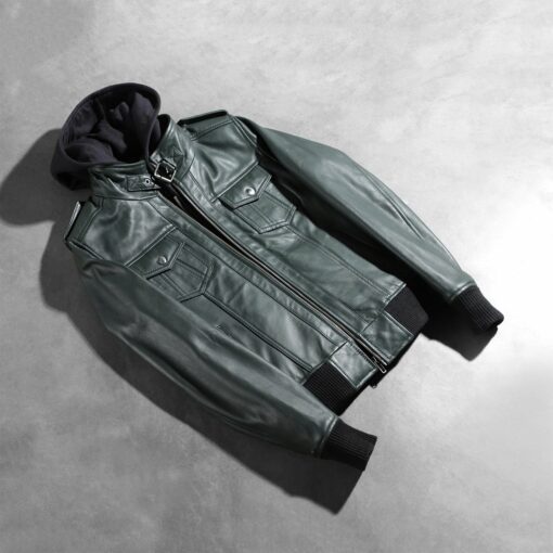 Roslyn Green Hooded Leather Bomber Jacket - Image 7