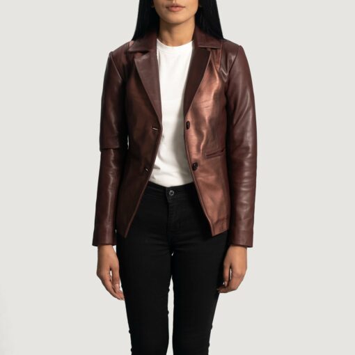 Ruby Metallic Maroon Leather Blazer - Image 3