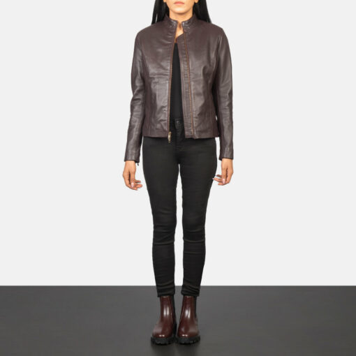 Rumella Maroon Leather Biker Jacket - Image 3