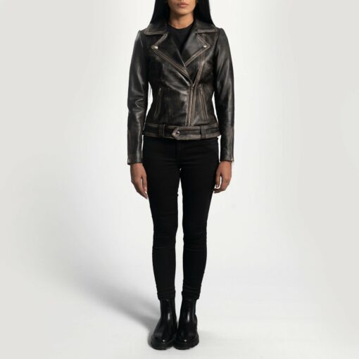 Rumy Distressed Brown Leather Biker Jacket - Image 3