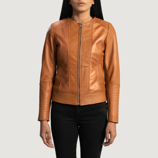 Sleeky Clean Tan Leather Biker Jacket - Image 4
